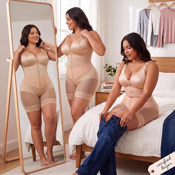 Women's Shapewear Romper with Built-In Bra, Adjustable Straps, Front Zipper