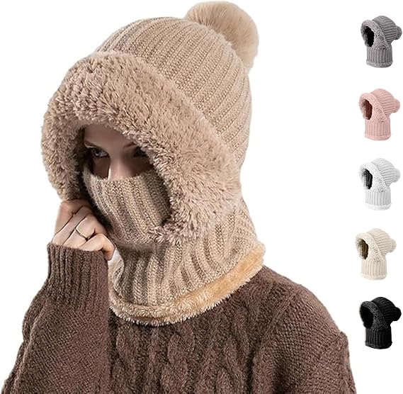 Womens Knit Beanie Hat Fleece Lined Winter Scarf Mask Set Snow Caps Plush Earmuff Skull Hats with Pompom