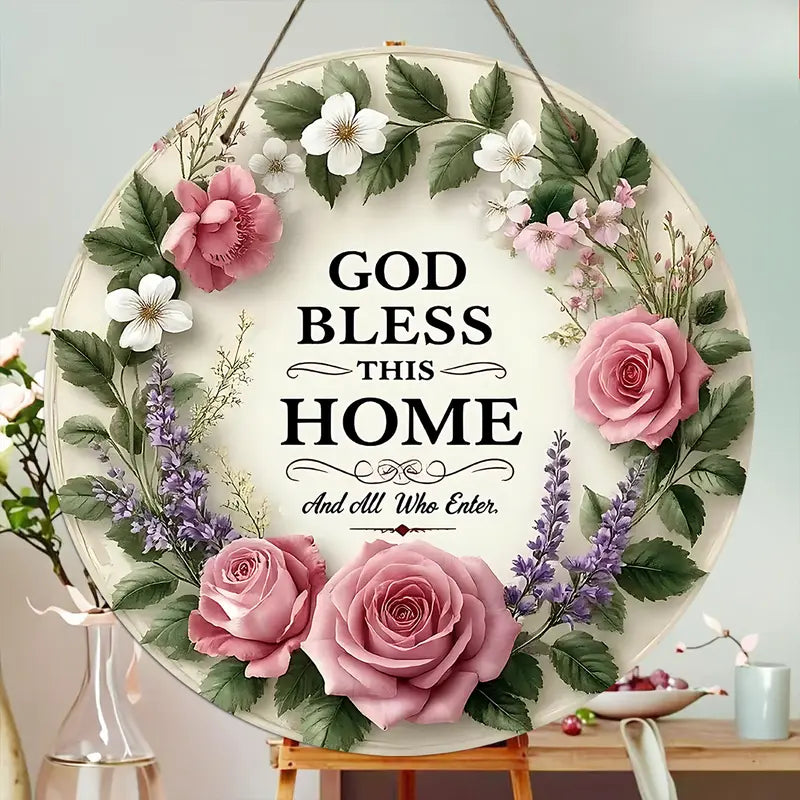 God Bless This Home Floral Round Door Sign