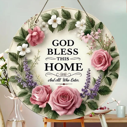 God Bless This Home Floral Round Door Sign