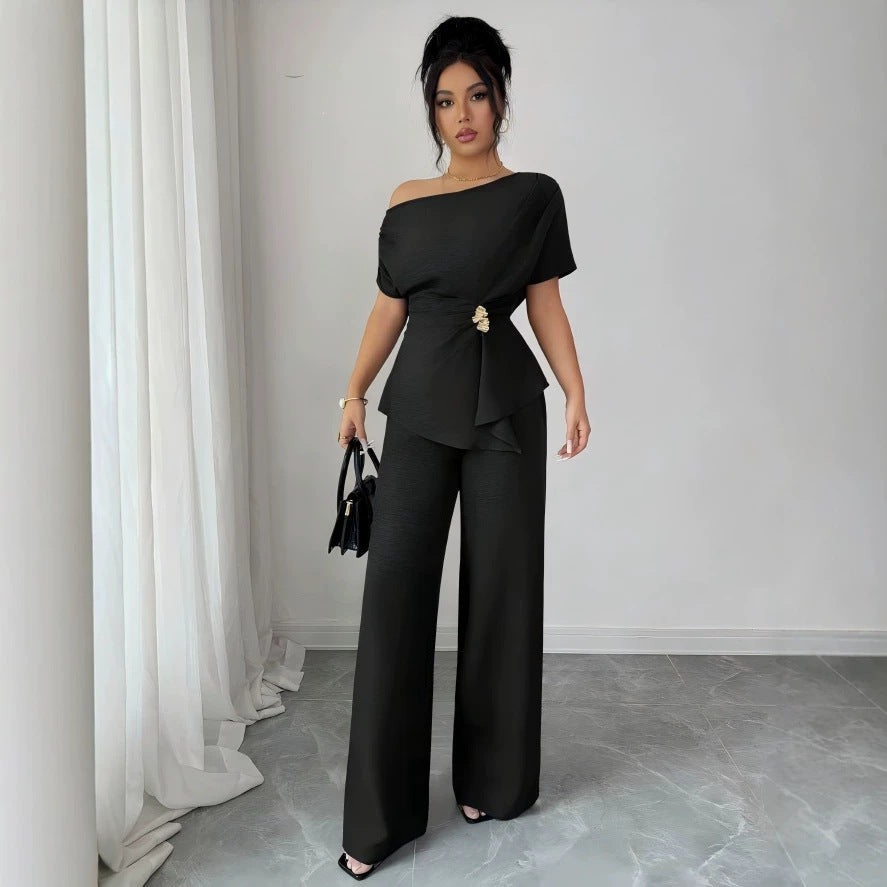 Women's Stylish and Elegant Solid-Color One-Shoulder Set with Metal Accents
