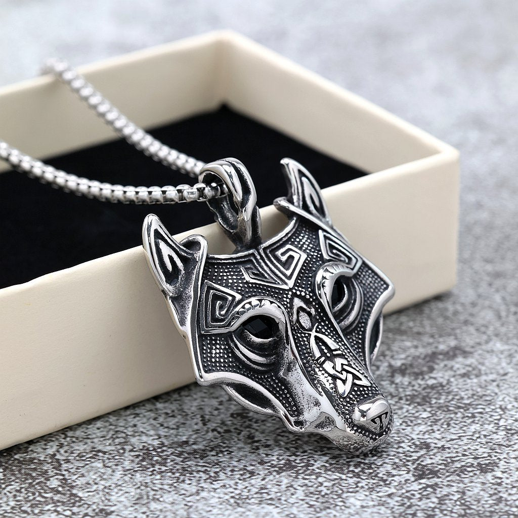 Viking Wolf Head Geometric Pendant Necklace for Men