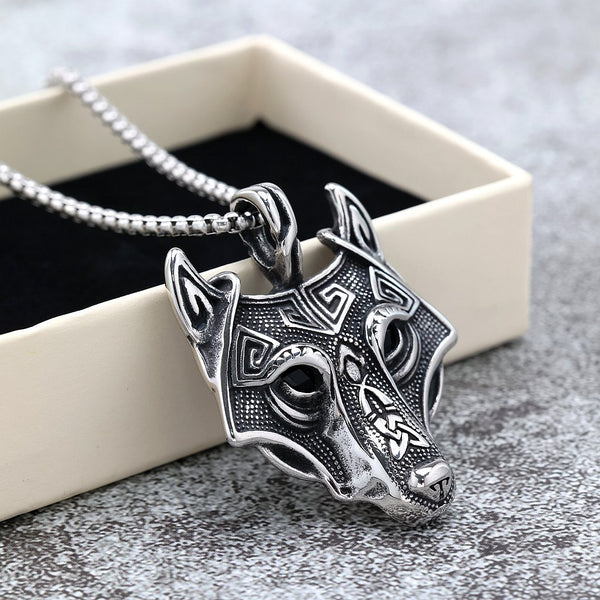 Viking Wolf Head Geometric Pendant Necklace for Men