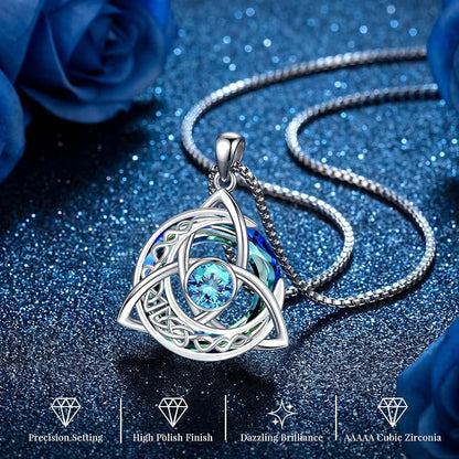 Women's Celtic Birthstone Necklace - Trinity Knot-Triquetra Crescent Moon Pendant