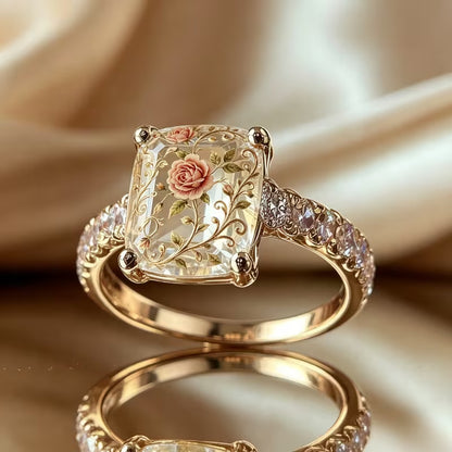 Vintage Rose Floral Printed Square Crystal Statement Ring