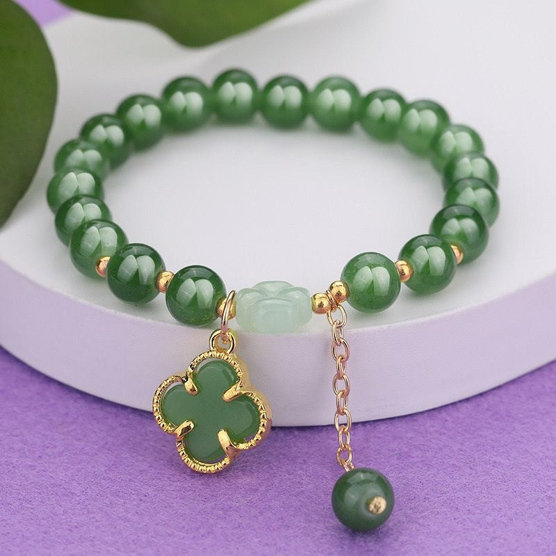 Lucky Four-Leaf Clover Green Aventurine Bracelet - Manifest Wealth & Prosperity Crystal Charm