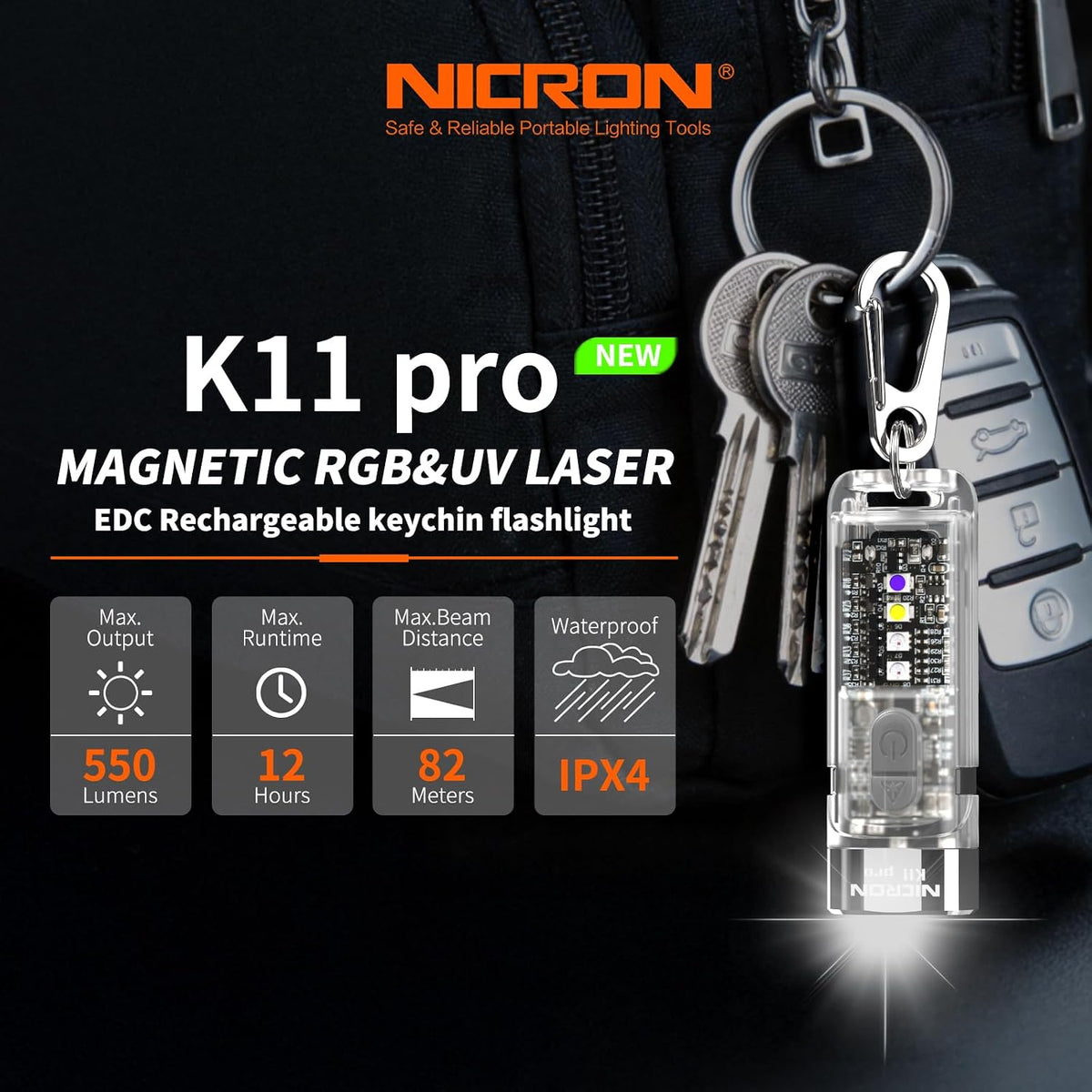 Magnetic Keychain Flashlight, 550 Lumens RGB & UV Laser Light