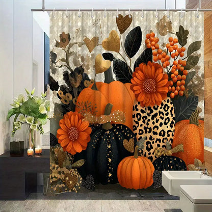 Autumn Harvest Themed Shower Curtain with Pumpkin Leaf, Berry, and Star Print
