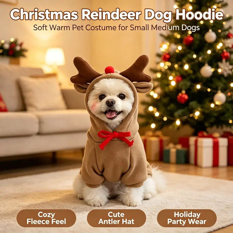 Dog Christmas Reindeer Hoodie - Small-Medium Sizes, Casual, Warmth