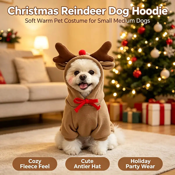 Dog Christmas Reindeer Hoodie - Small-Medium Sizes, Casual, Warmth