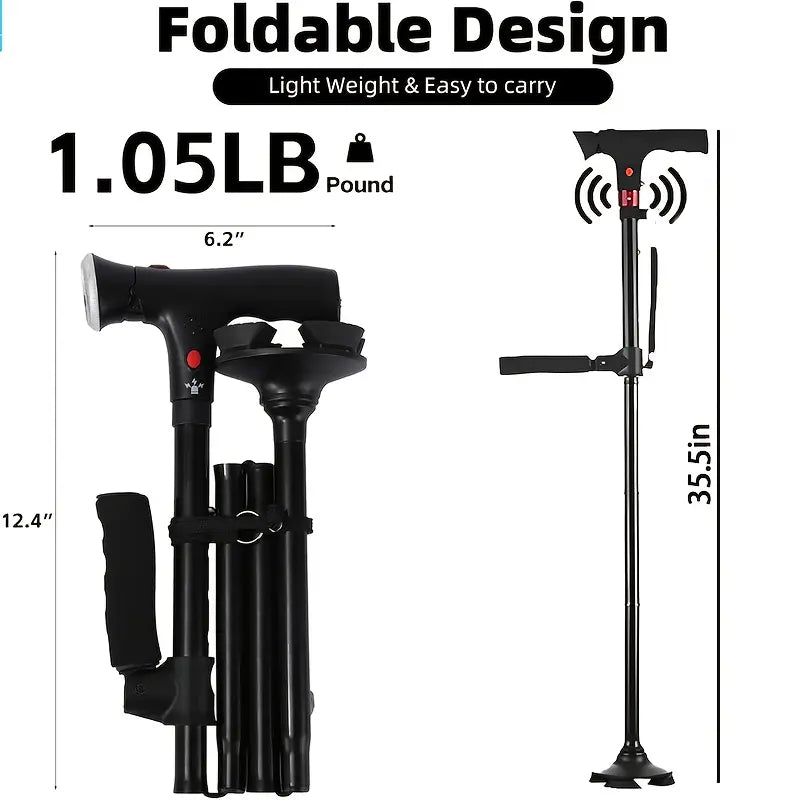 Foldable Smart Cane for Seniors, Adjustable Walking Stick with LED Light