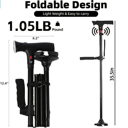 Foldable Smart Cane for Seniors, Adjustable Walking Stick with LED Light