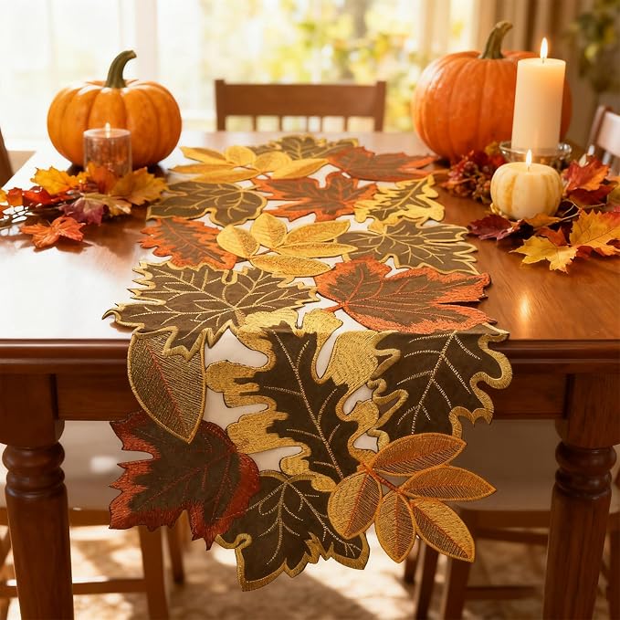 Fall Leaf Embroidered Table Runner