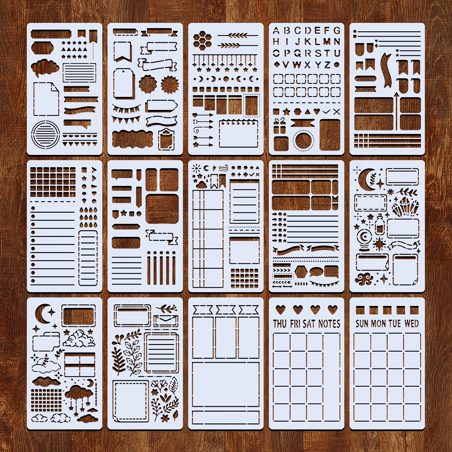 15-Pcs Journaling Stencil Set (4 x 7 inches) — Templates for Bullet Journals, Notebooks, Diaries, and Scrapbooks