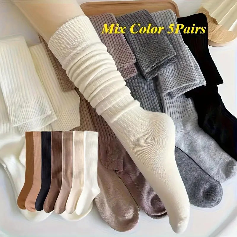 Women's 5-Pair Pack Thermal Thickened Mid-Calf Socks – Slim-Fit Solid Color with Side Stripe