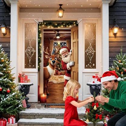 Christmas Door Cover - Stretch Fit Santa & Reindeer Door Decoration with 4-Side Elastic Edges