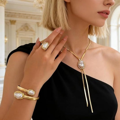 3 Piece Set Luxury Snake Chain Vintage Pearl Necklace Pendants Earrings Ring Bracelet