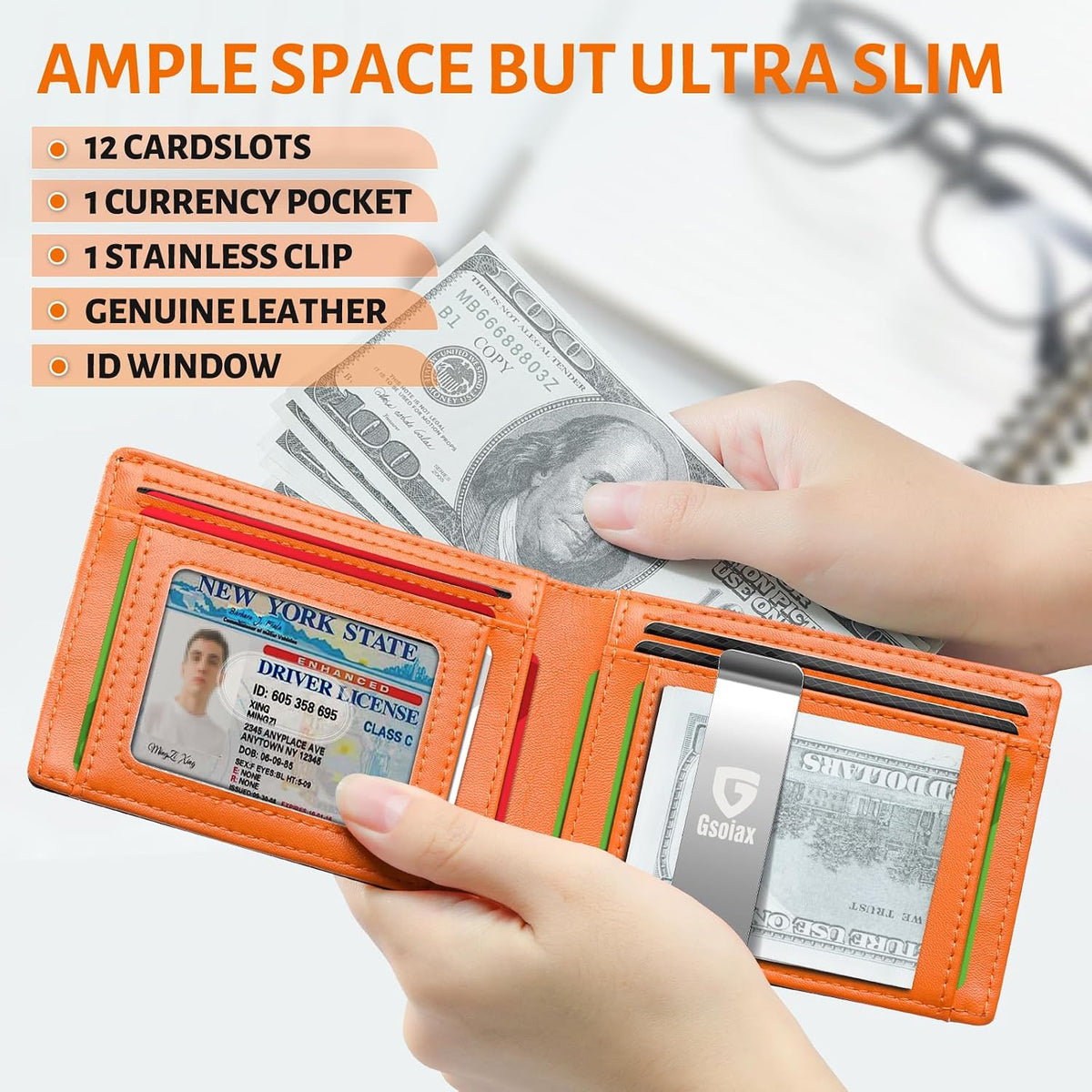 Slim Wallet for Men - Minimalist Genuine Leather Carbon Fiber Rfid Blocking Bifold Credit Card Holder
