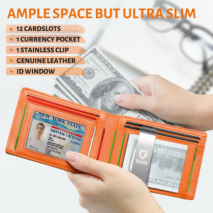 Slim Wallet for Men - Minimalist Genuine Leather Carbon Fiber Rfid Blocking Bifold Credit Card Holder