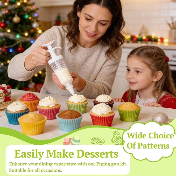 Professional Cake Decorating Kit, Piping Nozzle with Syringe, 8 Plastic Pastry Tips