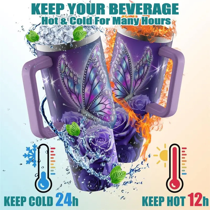 Butterfly & Rose Pattern Tumbler, 40oz Stainless Steel Insulated Travel Tumbler with Lid