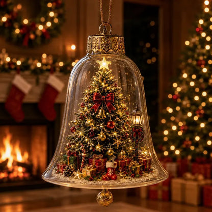 Miniature festive scene Christmas tree with glowing bell decoration
