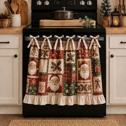 Christmas Stove Skirt, Patchwork Oven Curtain with Ruffled Trim and Bow Tie Accents
