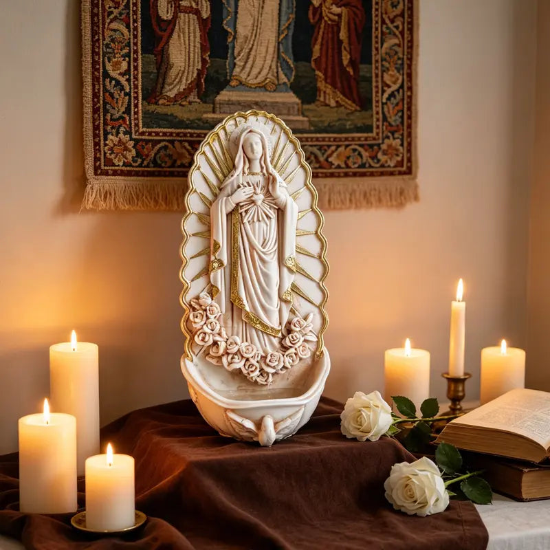 Wall Mounted Virgin Mary Holy Water Font with Rosary Holder
