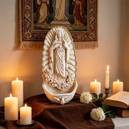 Wall Mounted Virgin Mary Holy Water Font with Rosary Holder