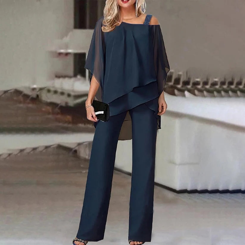 Elegant layered chiffon top and wide-leg trousers set