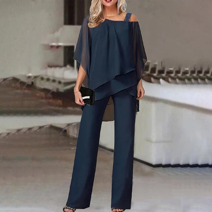 Elegant layered chiffon top and wide-leg trousers set