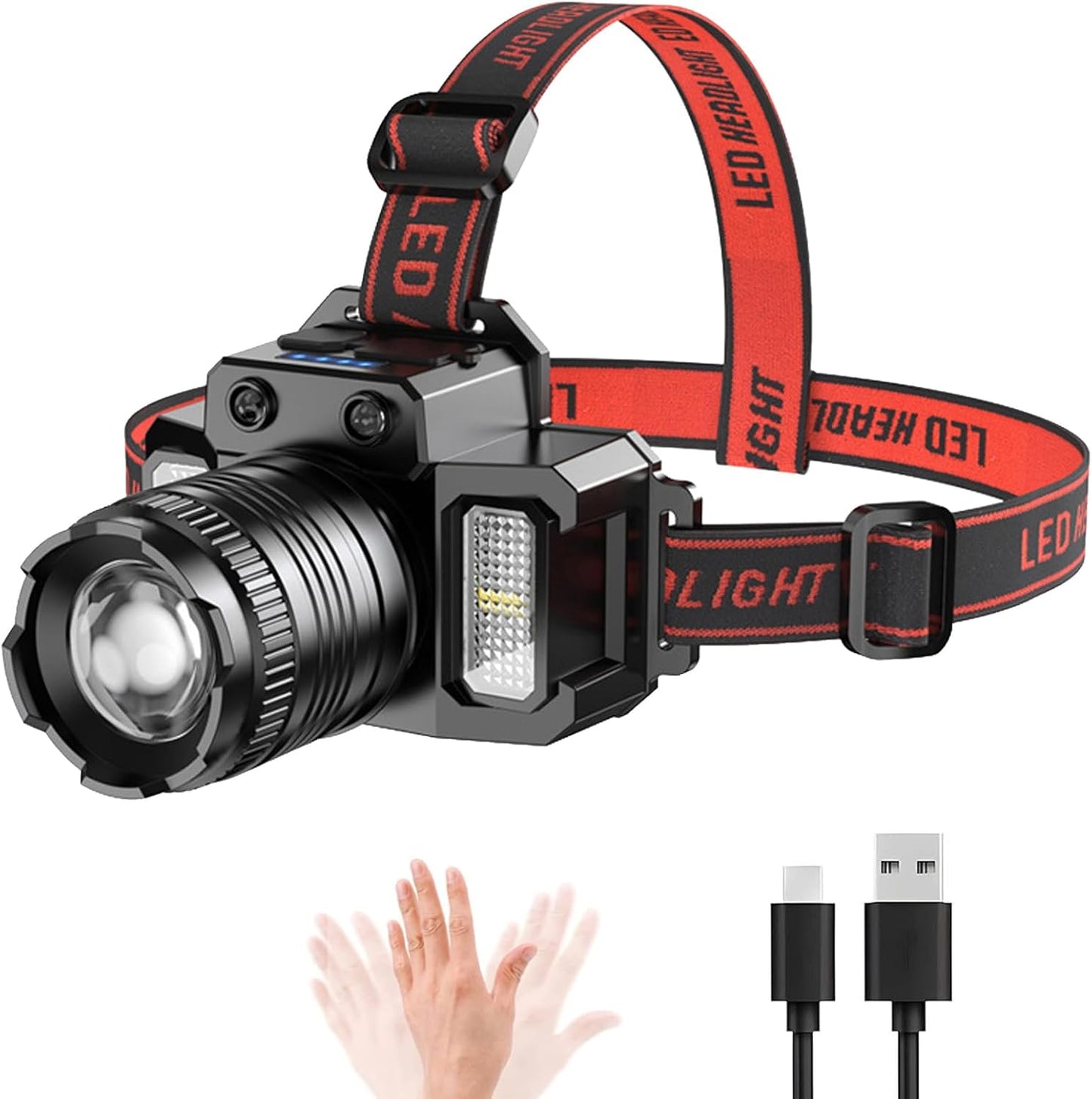 Rechargeable Head Lamp LED, Super Bright Motion Sensor Head Light with Red/White/Blue Light