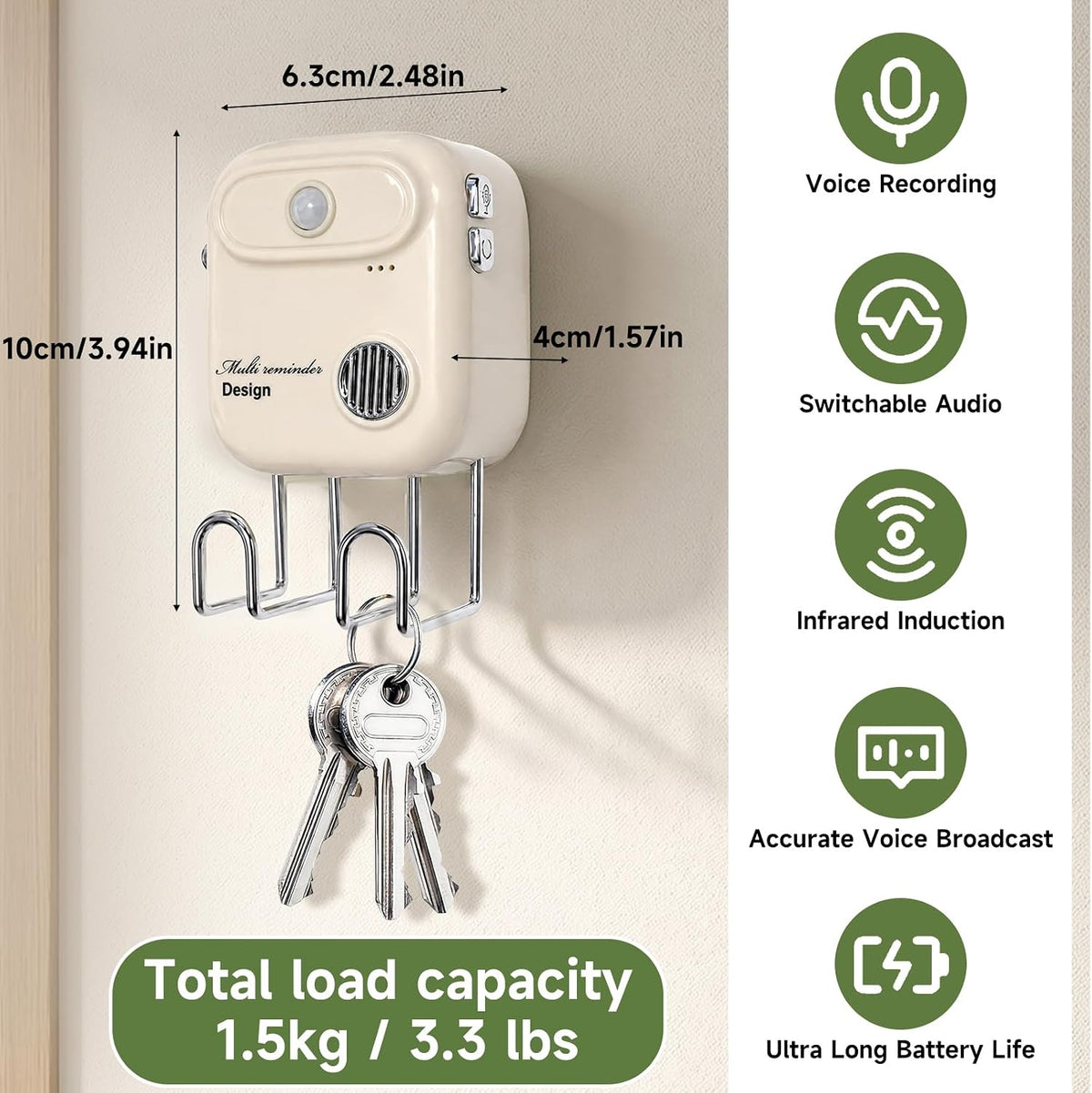 Door Exit Reminder with Key Holder, Recordable Voice Reminder