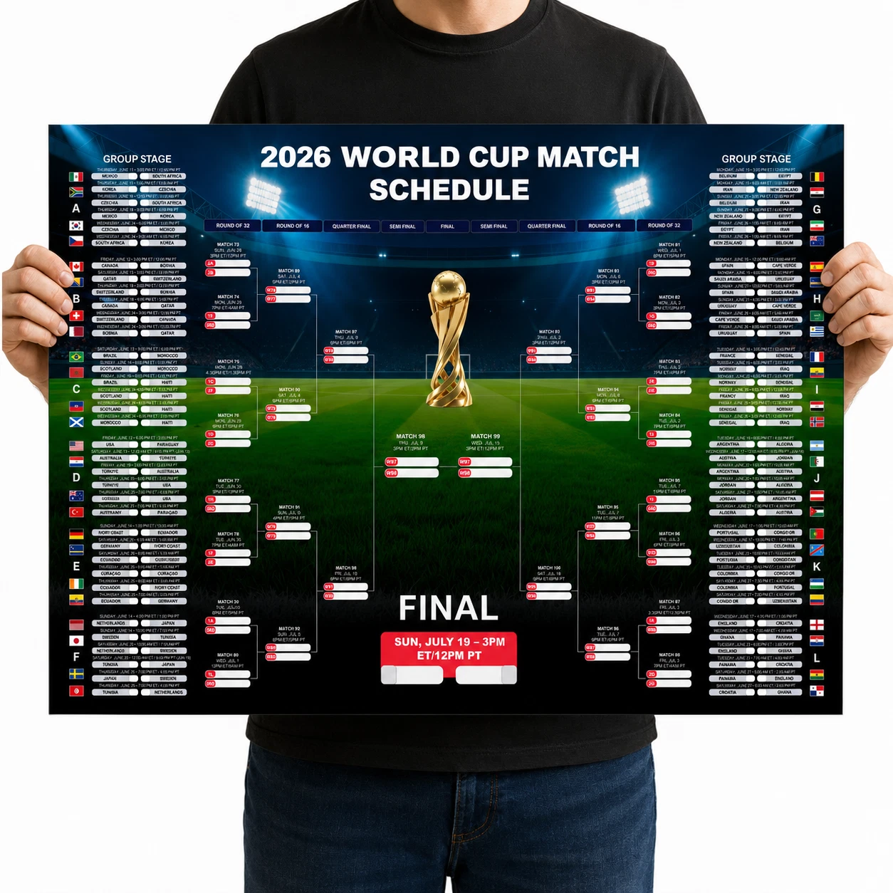 2PCS Football World Cup 2026 Poster Schedule Wall Chart