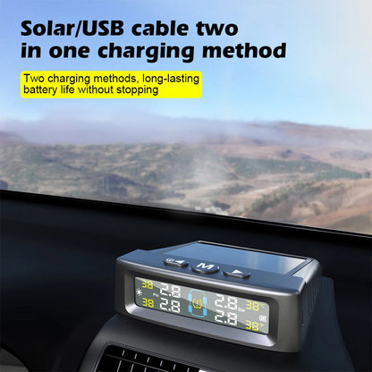 Tire Pressure Monitoring System with 4 Sensors Solar and USB Charging LCD Display