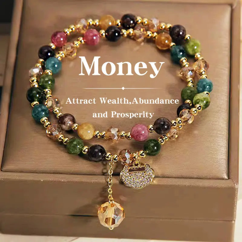 High-End Double Layer Rainbow Tourmaline Beads money Bracelet – Longevity Lock Charm