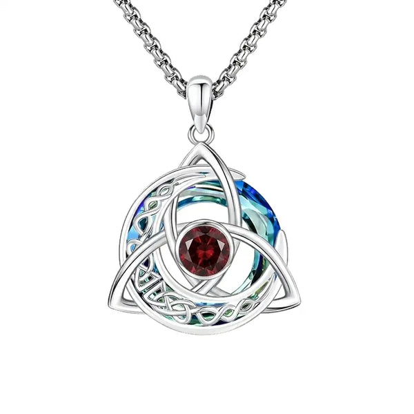 Women's Celtic Birthstone Necklace - Trinity Knot-Triquetra Crescent Moon Pendant