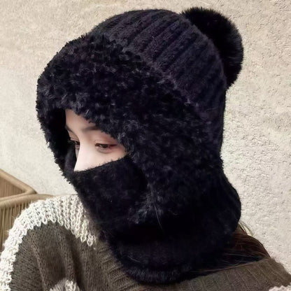 Womens Knit Beanie Hat Fleece Lined Winter Scarf Mask Set Snow Caps Plush Earmuff Skull Hats with Pompom