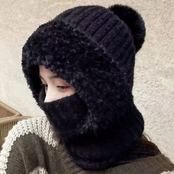 Womens Knit Beanie Hat Fleece Lined Winter Scarf Mask Set Snow Caps Plush Earmuff Skull Hats with Pompom