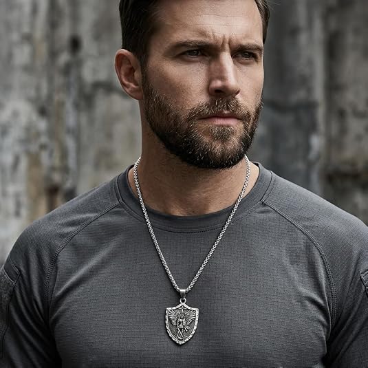 Stainless Steel St. Michael Shield Pendant Necklace for Men