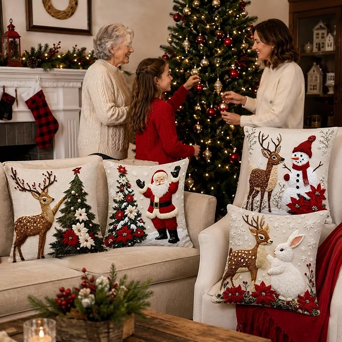 4PCS Unisex Super Soft Square Short Plush Christmas Throw Pillow Set