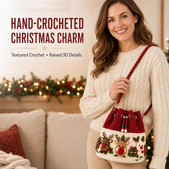 Christmas Crochet Bucket Crossbody Bag with Drawstring