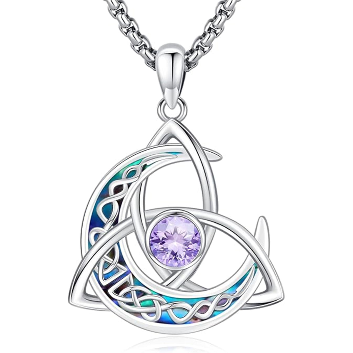 Women's Celtic Birthstone Necklace - Trinity Knot-Triquetra Crescent Moon Pendant
