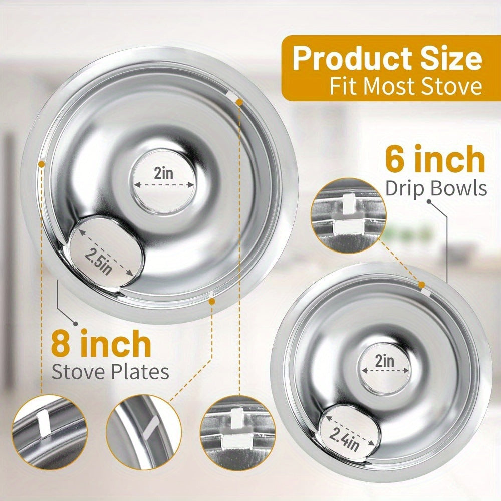 4 Pack Chrome Drip Pans,Include 2 Pcs 6'' Range Replacement Drip Pans and 2 Pcs 8 '' Cooktop Drip Pans