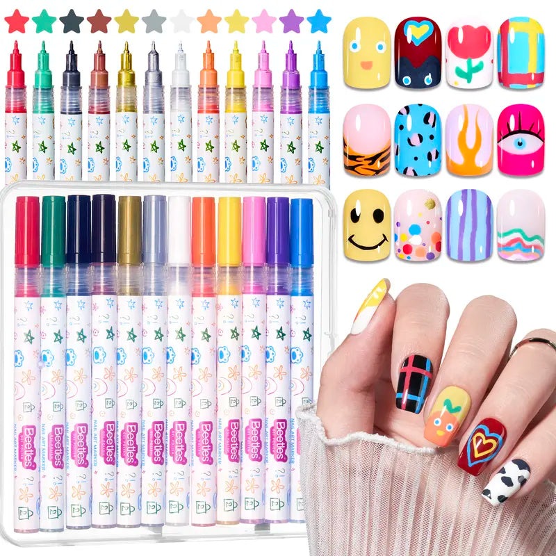 12-color nail art pen set，Suitable for nail art design, painting, dot and line work, DIY home nail art and nail salon tools