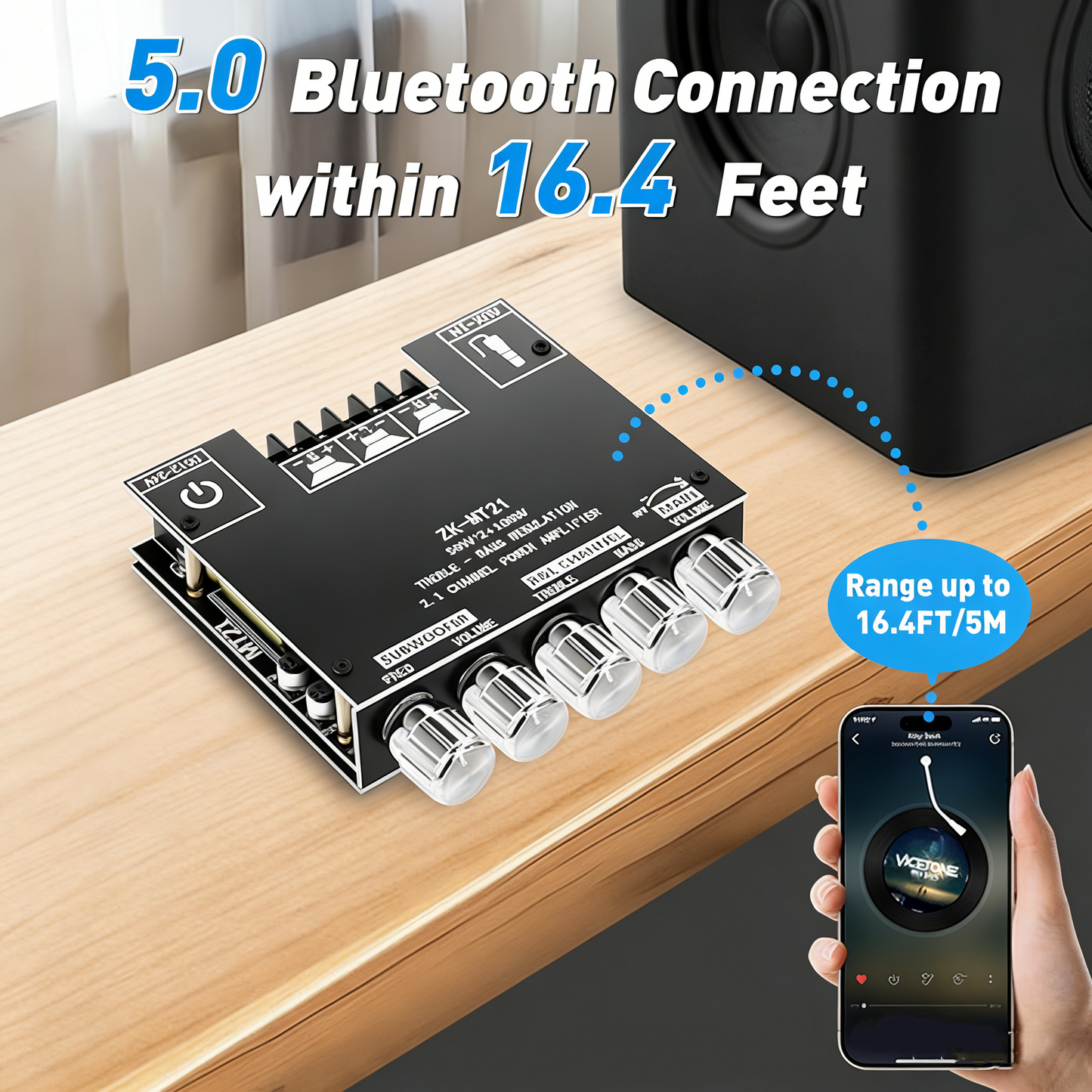 ZK-MT21 Bluetooth Amplifier Board, 2.1 Channel Subwoofer Amp Board with Treble/Bass/Sub Control