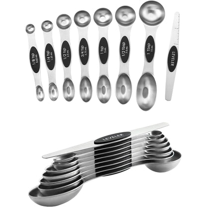8Pcs Stainless Steel Magnetic Measuring Spoons Set of 8 with Leveler, Dual Sided Metal Tablespoon Measuring Spoons