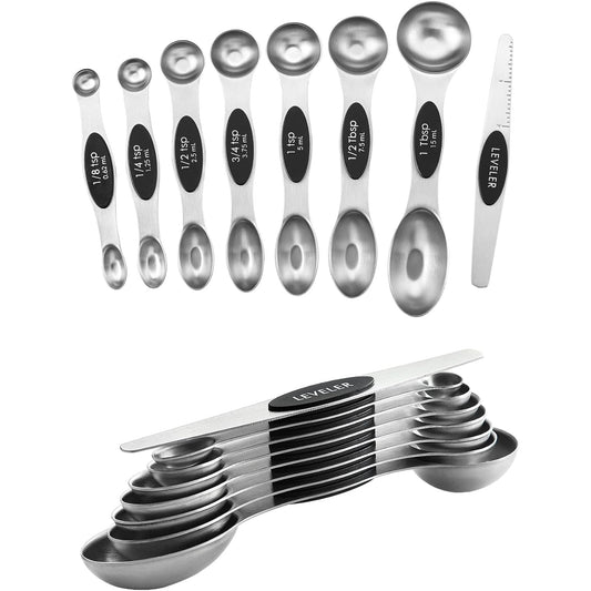 8Pcs Stainless Steel Magnetic Measuring Spoons Set of 8 with Leveler, Dual Sided Metal Tablespoon Measuring Spoons