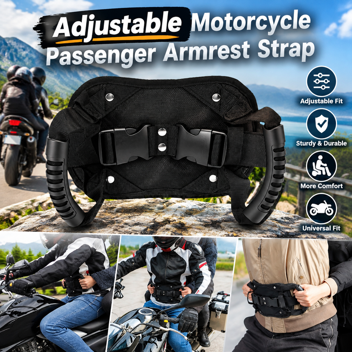 Adjustable motorcycle passenger grab strap