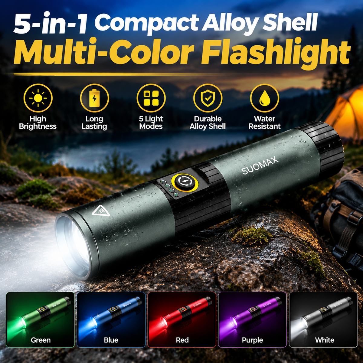 5-in-1 Compact Alloy Body Multicolored Flashlight